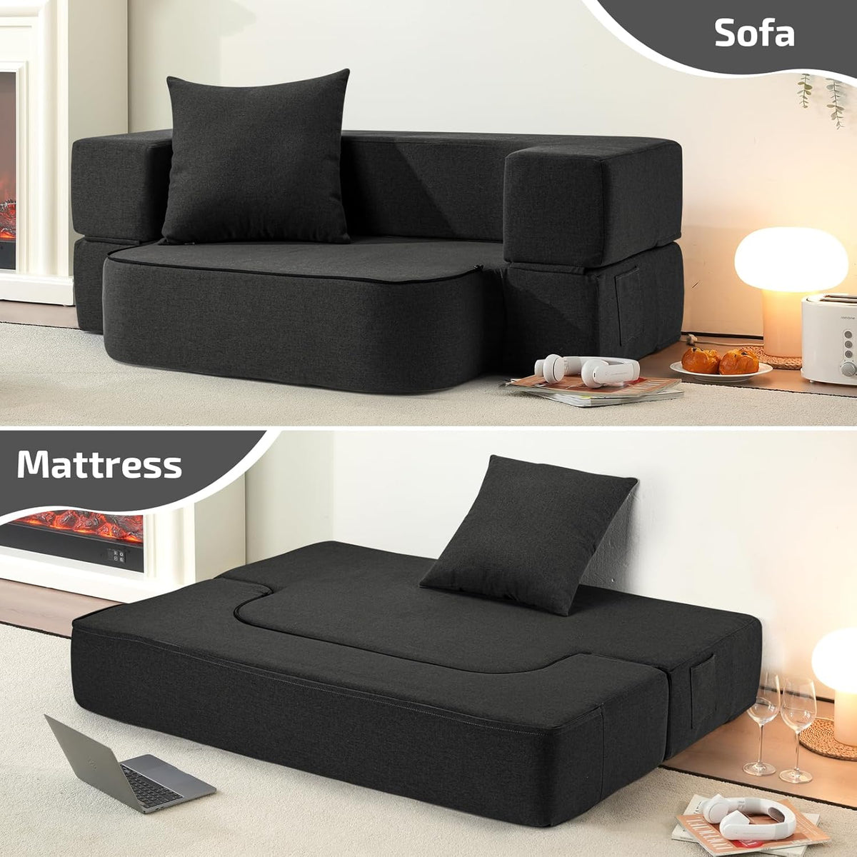 2-in-1 Folding Sofa Bed with Pillow - Folding Chair Floor Couch & Sleeping Mattress - Washable Cover & Memory Foam Sleeper Chair for Living Room/Guest Room/Apartment/Loft, Dark Gray