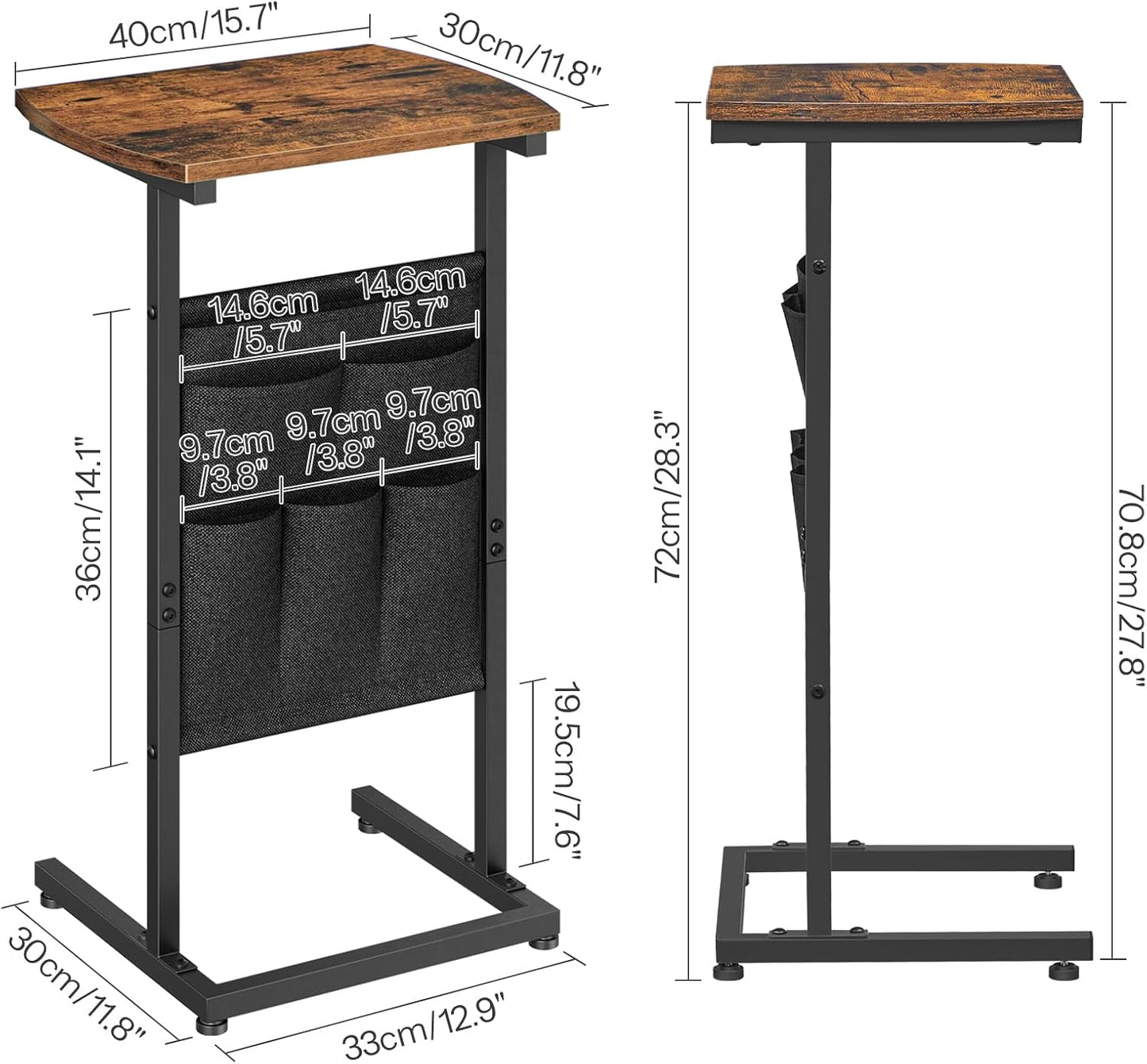 HOOBRO C Shaped End Table Set of 2, Small Side Table for Couch with Storage Bag, Slide Under Sofa, for Small Place, Sturdy Frame, Living Room, Bedroom, Rustic Brown and Black BF40SFP201