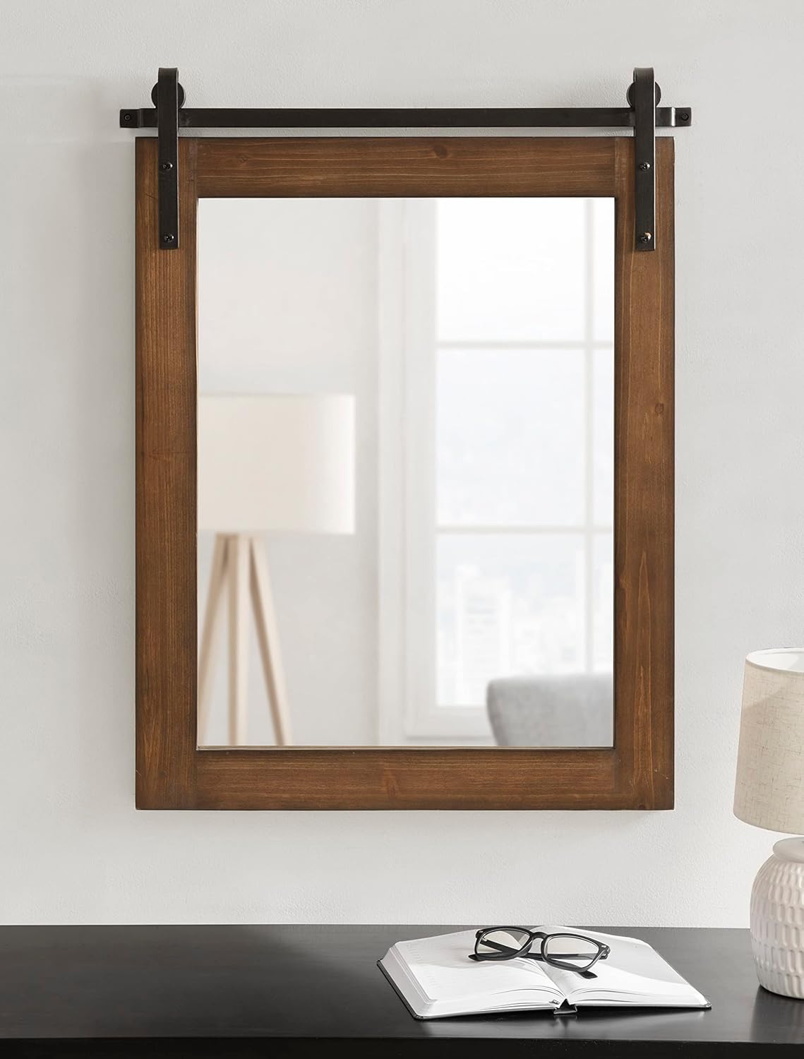 Kate and Laurel Cates Refined Decorative Framed Wall Mirror; 24 x 30; Walnut Brown; Farmhouse Barn Door-Inspired Wall Decor with Substantial Frame and Modern Charm