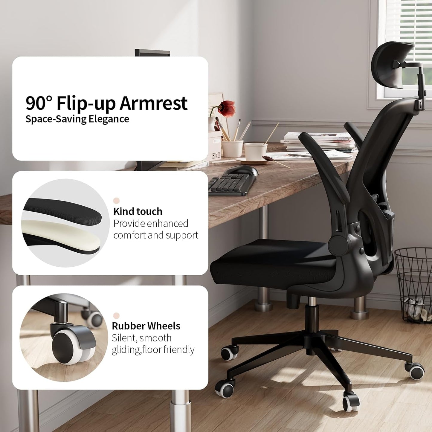 Monhey Office Chair Ergonomic Desk Chair with Lumbar Support&Headrest&Flip-up Arms Height Adjustable Rocking Swivel High Back Computer Chair Black Mesh Study Chair (03All Black)