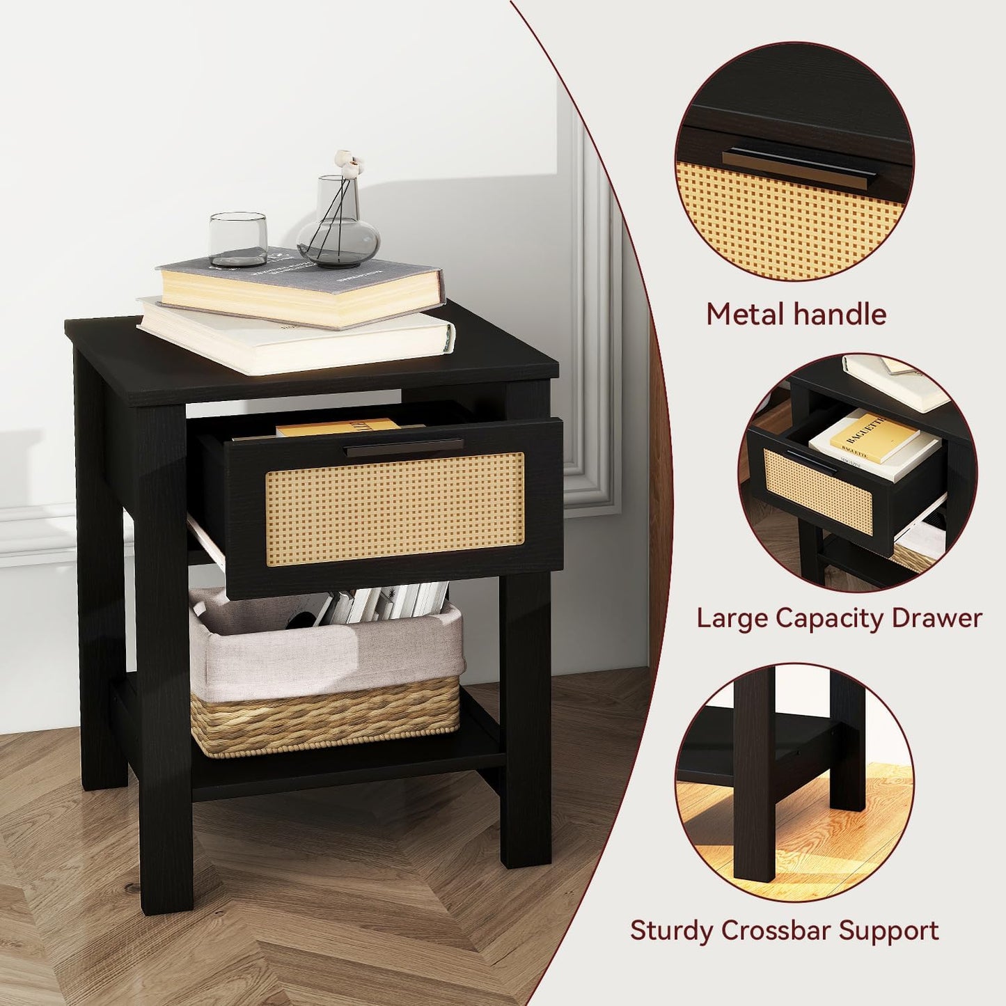 IBUYKE Rattan Nightstand, Boho Night Stand with Drawer, Wood Bedside Tables with Storage Shelf, End Table with Legs for Bedroom, Black UWNS011B