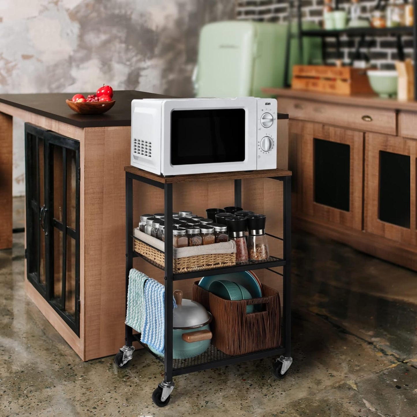 LIANTRAL 3 Tier Rolling Cart, Brown Kitchen Carts on Wheels with Storage, Multifunctional Utility Cart for Kitchen, Bathroom, Living Room, Bar, Office