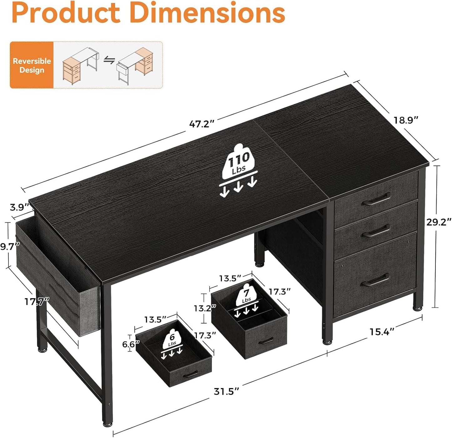 Casaottima 48" Small Computer Home Office Desk for Bedroom with Fabric Drawers & File Cabinet, Cloth Storage Bag and Hook, Writing Study Work Table for Small Space, Black