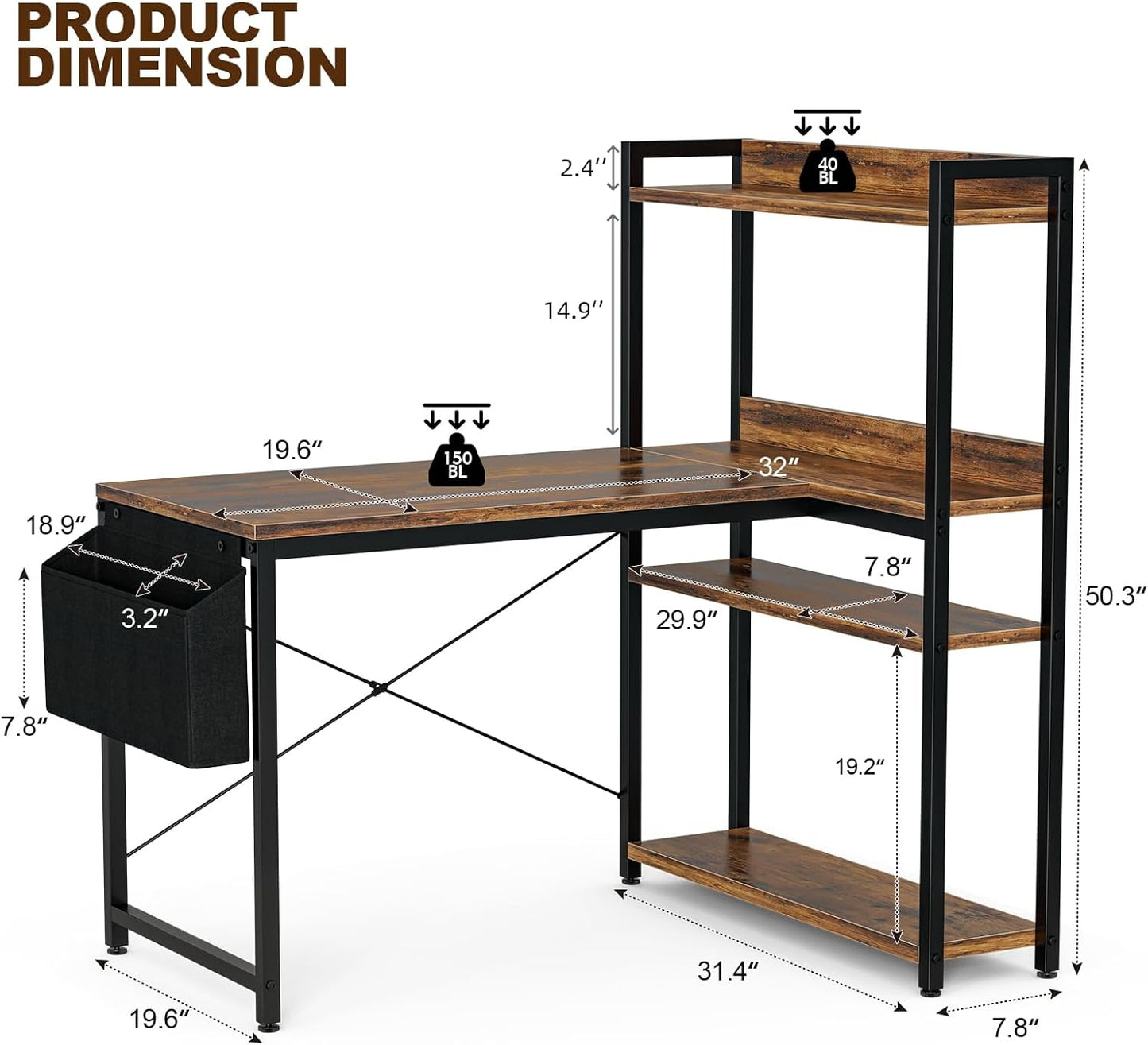 40 Inch L Shaped Computer Desk with Reversible Storage Shelves, Home Office Corner Desk Study Writing Table with Hutch, Study, Rustic Brown