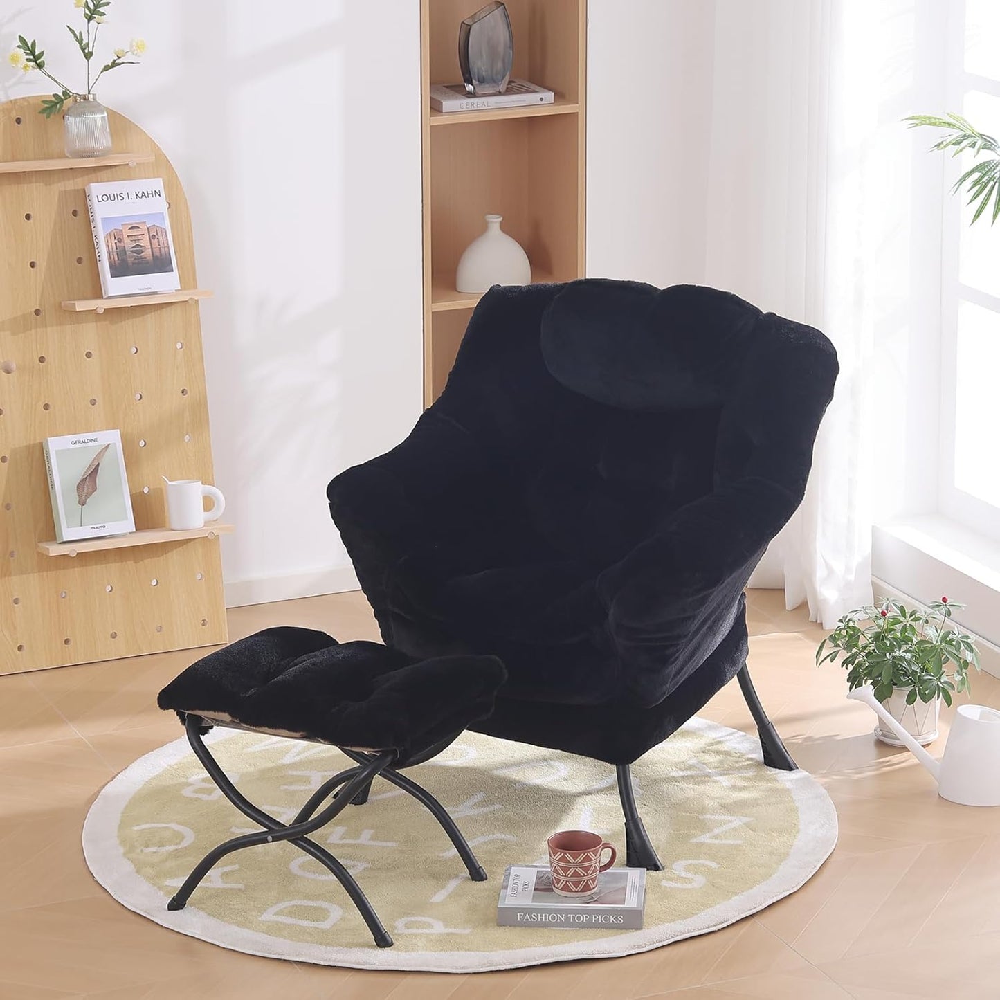 Lazy Chair with Ottoman, Modern Chair with Folding Footrest, Lounge Accent Chair, Comfortable Reading Chair for Bedroom, Study, Living Room, Small Space (Plush Black)