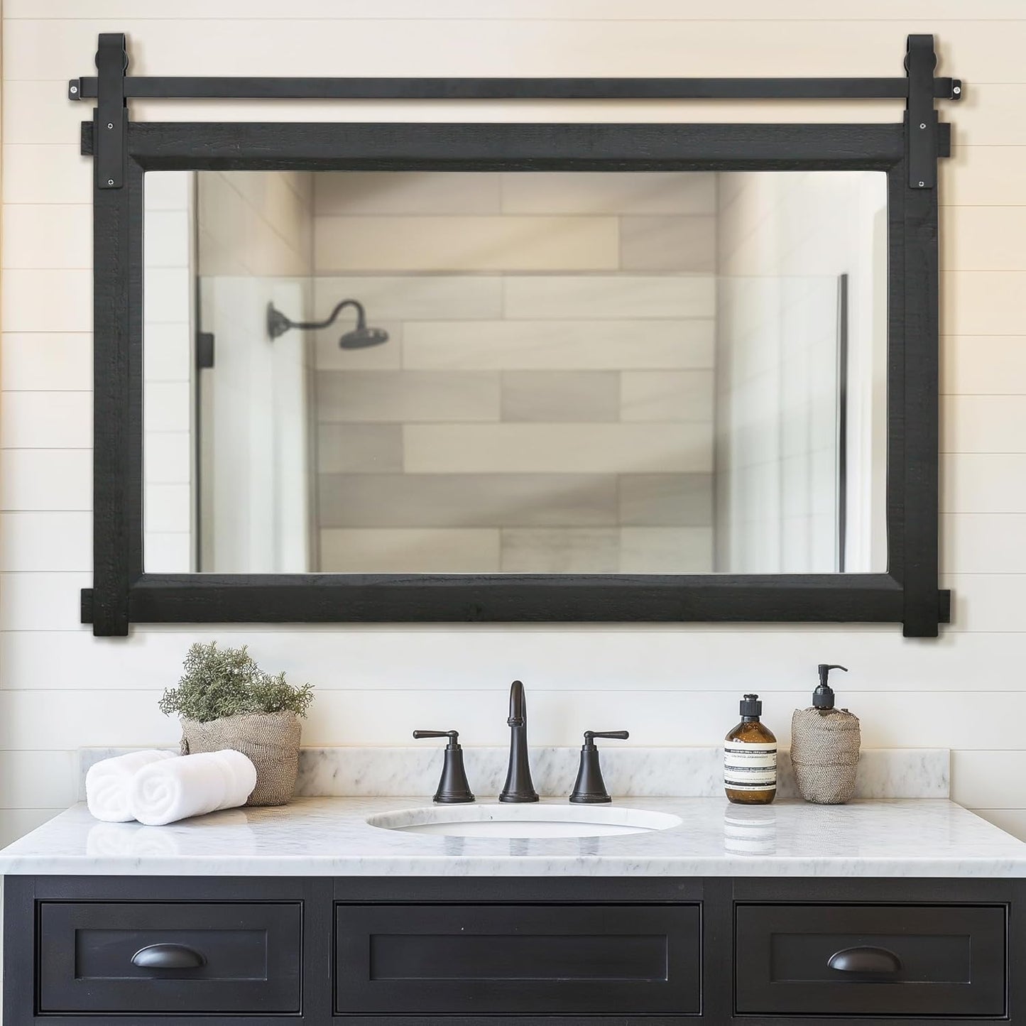 Bathroom Barn Door Mirror: 42"x28" Black Farmhouse Wood Frame - Rustic Wall Mirror for Entryway/Living Room Wall Decor