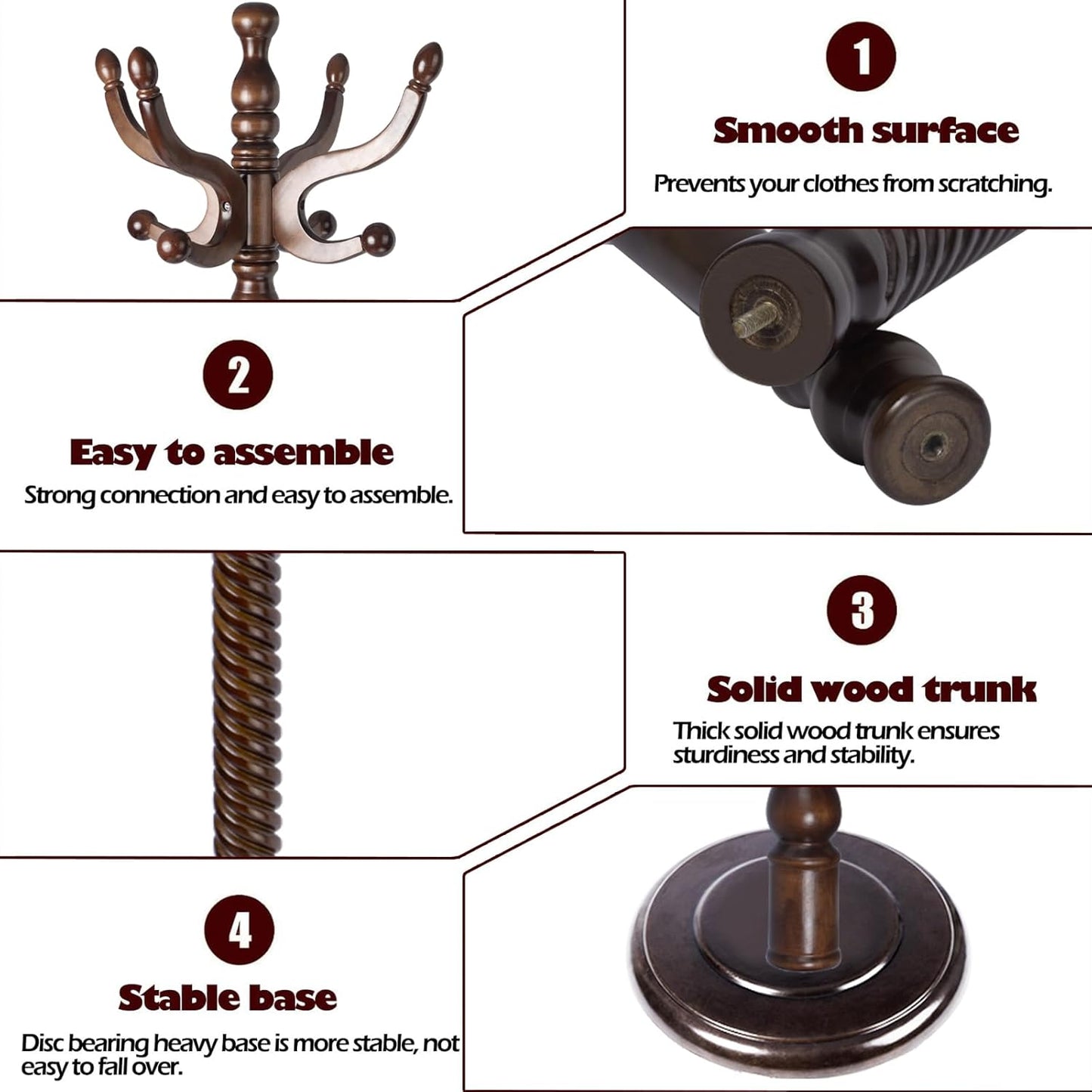 Coat Racks Free Standing with 14 Hooks, Natural Wood Coat Stands for Entryway, Adjustable Height 73 in Tree Coat Rack Stand for Hallway Home Office Bedroom (Dark Brown)