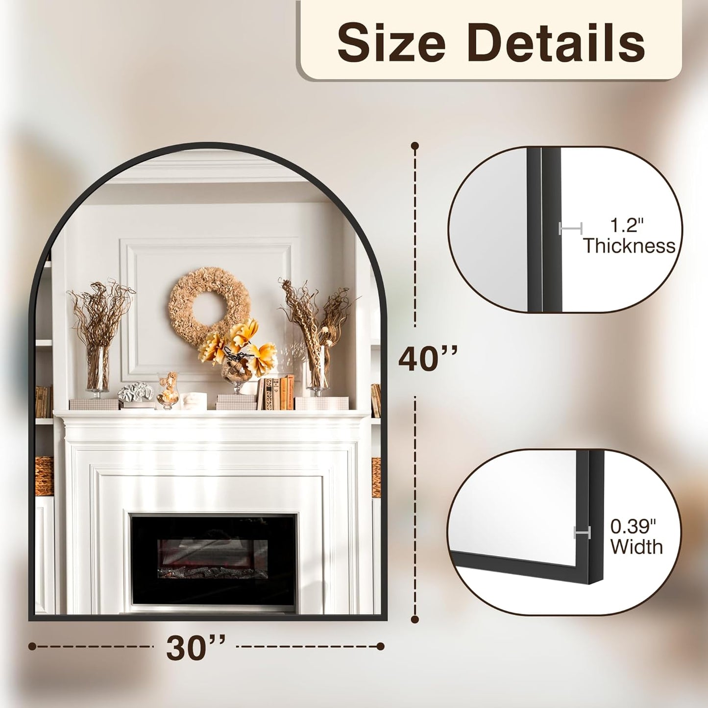 FICTOR Bathroom Vanity Mirror for Wall,40”x30” Large Arched Metal Framed Bathroom Mirror for Over Sink,Entryway, Living Room,Bedroom(Black)