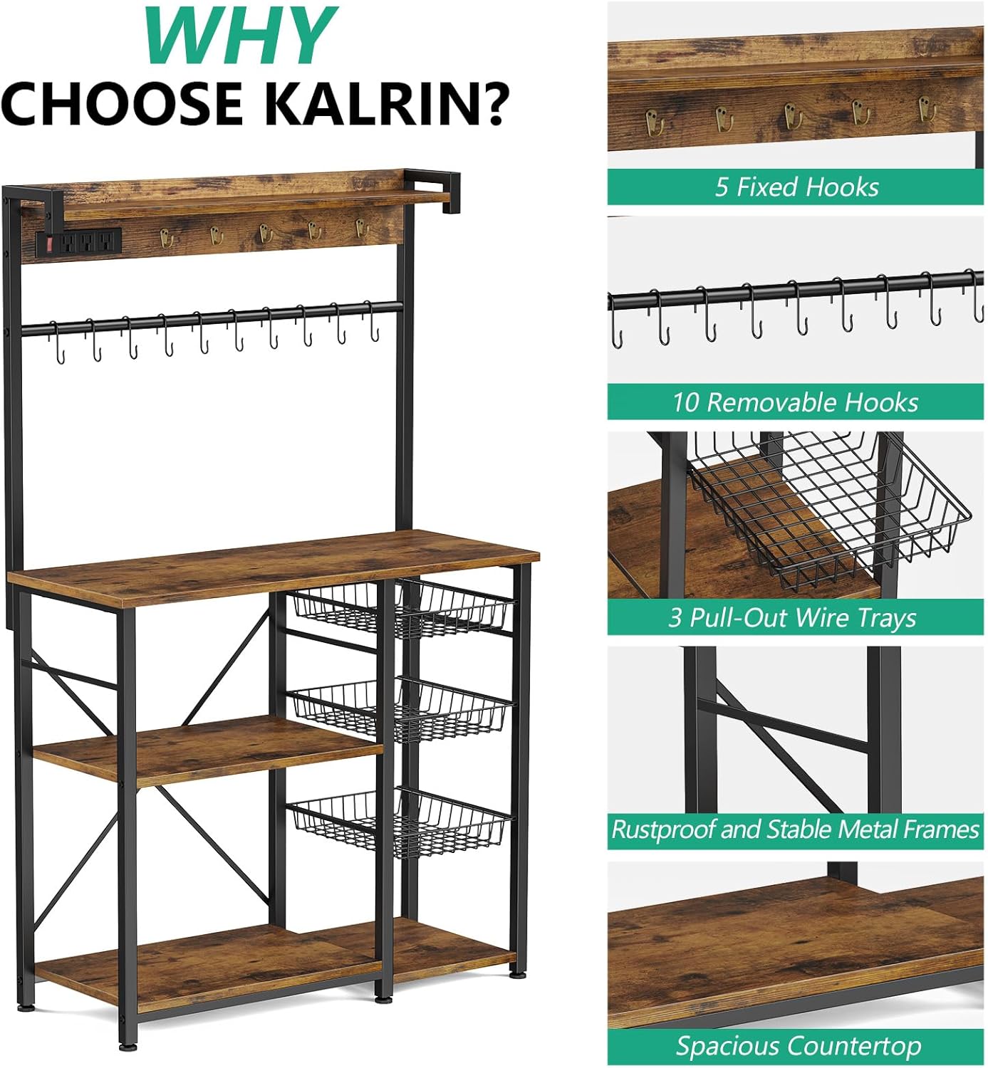 Large Bakers Rack with Power Outlets 38.8 Inches, 15 Hooks Coffee Bar with 3 Wire Basket, Microwave Stand Kitchen Storage Shelf for Spices, Cups, Pots, 38.8 x 16.3 x 62.2 in, Rustic Brown