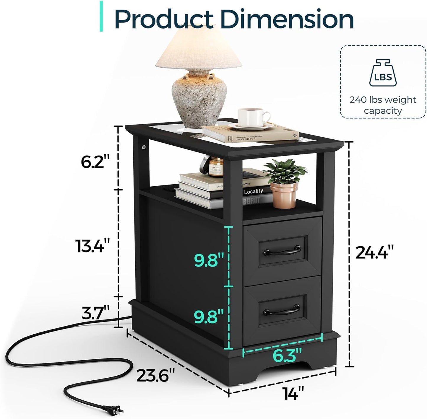LINSY HOME End Table with Charging Station, Narrow Sofa Couch Side Table with Storage Drawers, Wooden Bedside Table for Living Room, Slim Nightstand for Small Space, Glass Top, Black