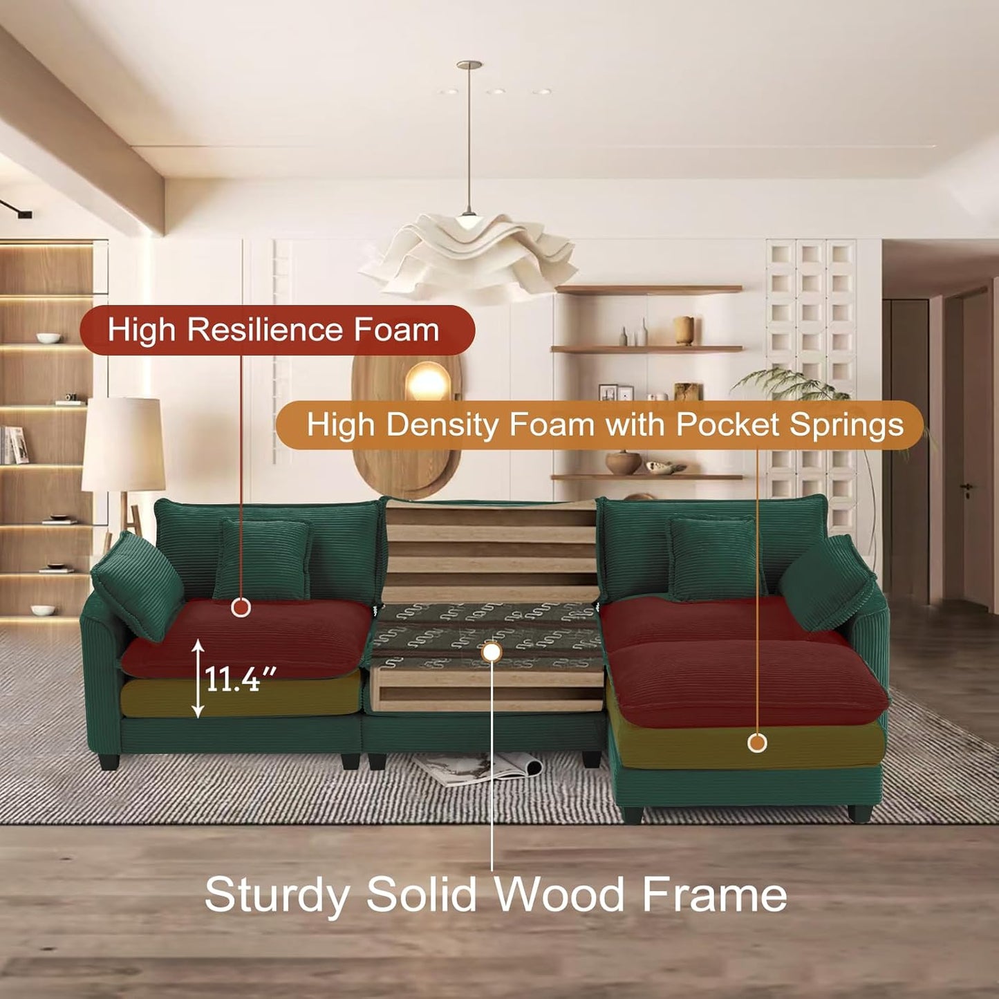 Furniliving 117‘’ L-Shaped Sofa, Luxury Corduroy Modular Sectional Couches with Ottoman, Upholstered Deep Seat Sleeper Sofa with Memory Foam and Waist Pillows, Green