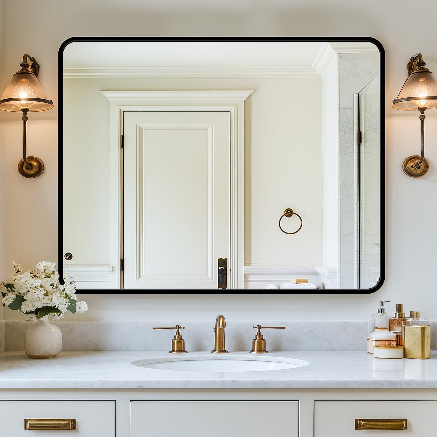 Bathroom Mirror, 40" x 30" Wall Mirror, Rectangular Aluminum Alloy Frame Contemporary Hanging Mirror for Living Room Bathroom Entryway, Black Rounded Corner