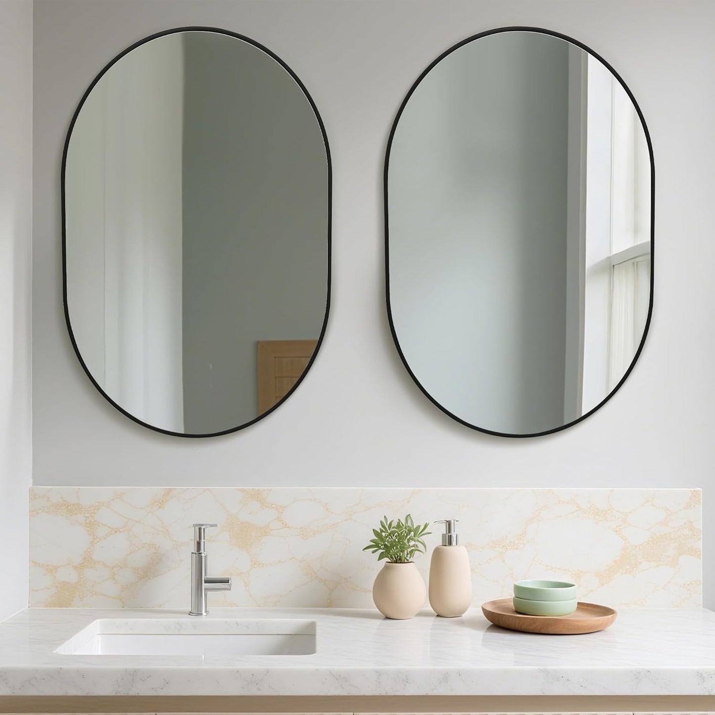 Oval Bathroom Mirror 22x30 Inch, Pill Shape Black Framed Wood Wall Mirrors with Tempered Glass for Modern Bedroom,Entryway or Living Room(Hanging Vertical or Horizontal)