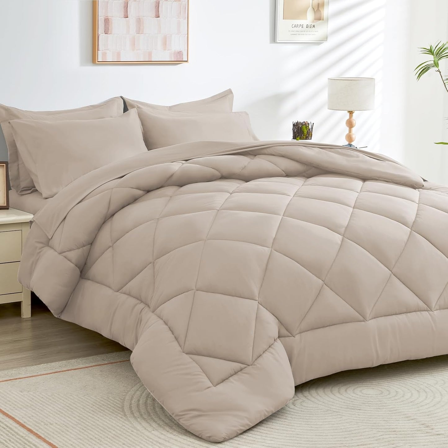 HEVUMYI Khaki Full Comforter Set - 7-Piece All Season Bed in a Bag Full, Ultra Soft Bedding Set with Comforter, Flat Sheet, Fitted Sheet, Pillowcases, Pillow Shams