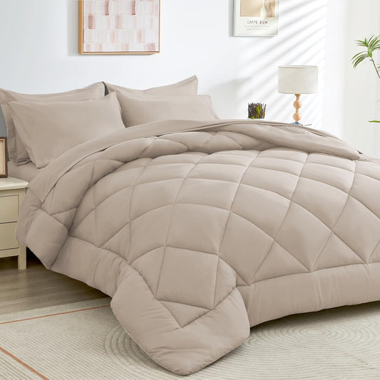 HEVUMYI Khaki Twin-XL Comforter Set - 5-Piece All Season Bed in a Bag Twin-XL, Ultra Soft Bedding Set with Comforter, Flat Sheet, Fitted Sheet, Pillowcases, Pillow Shams