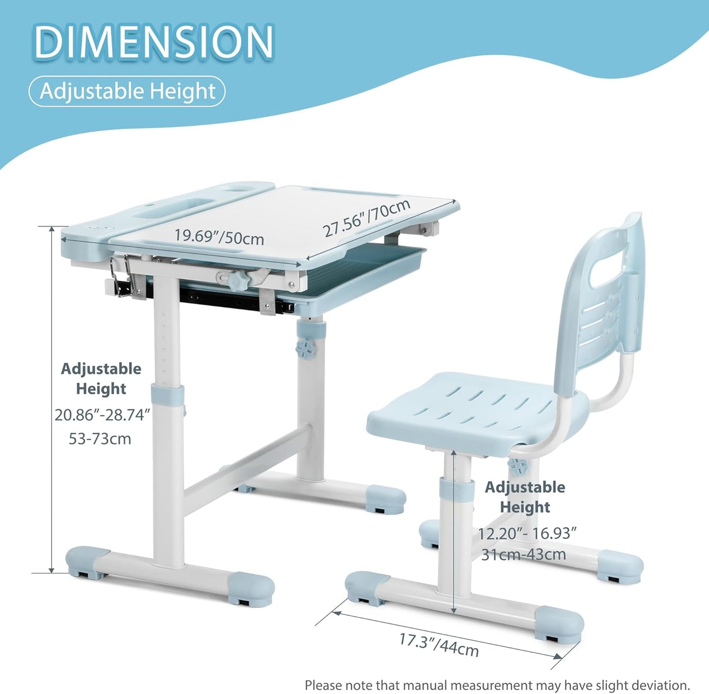 Rengue Kids Desk and Chair Set Height Adjustable School Study Desk and Chair with 55° Tiltable Desktop, 3 Modes &3 Brightness LED Lamps, Storage Drawer and Metal Hook for Boys Girls Gifts (Blue)