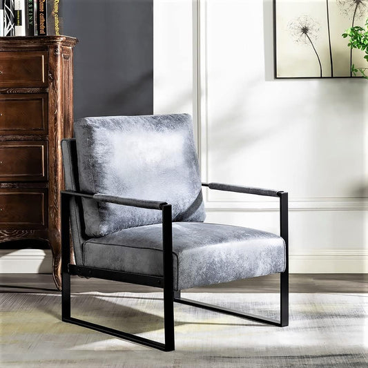 Container Furniture Classic Mid Century Modern Accent Chair with Durable Square Metal Frame, Armchair for Living Room, Bedroom, Home Office in Spotted Microfiber Upholstery, Grey