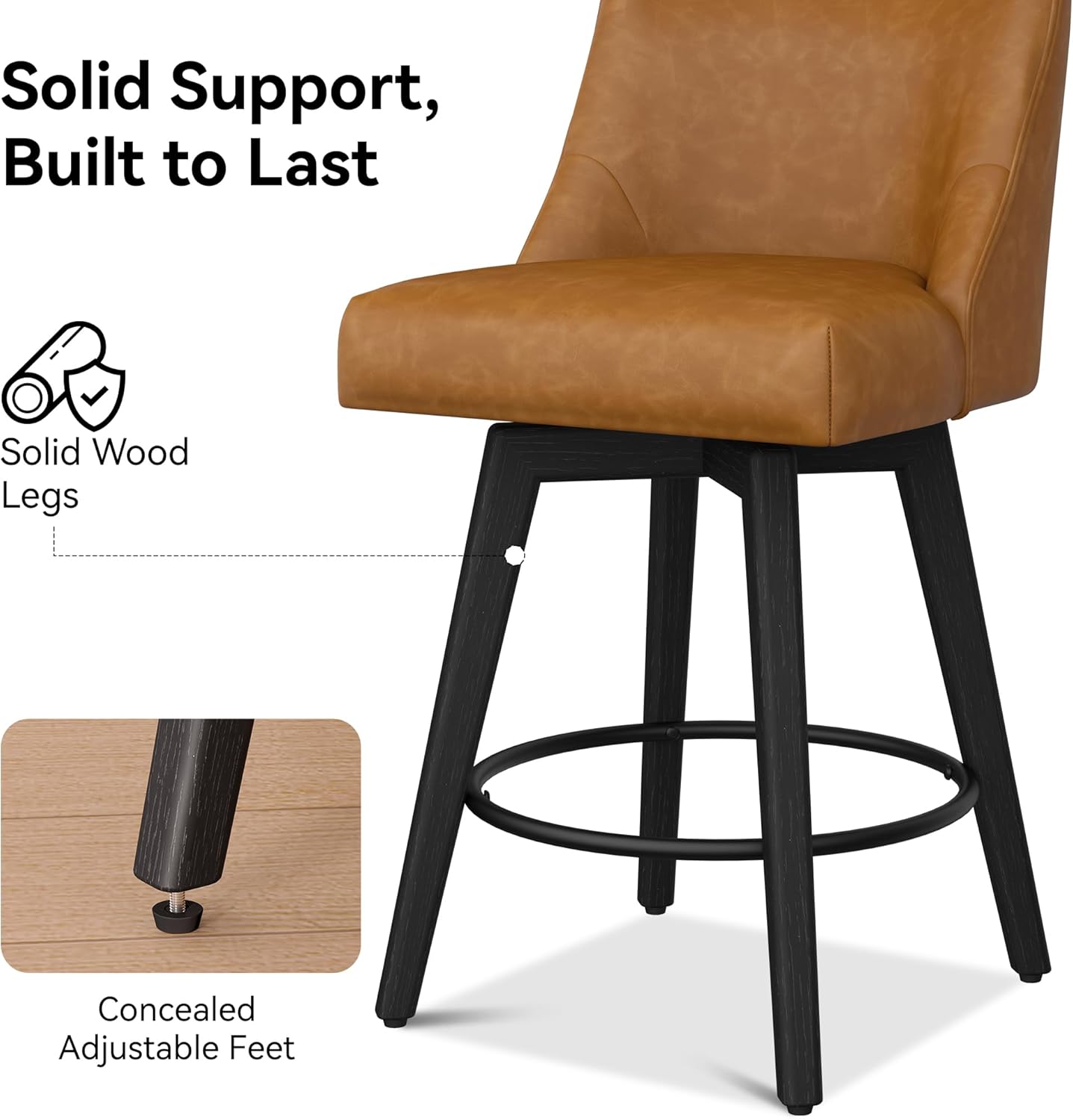 Counter Height Bar Stools Set of 4, Modern Swivel Barstools with Back and Wood Legs, Faux Leather Upholstered Bar Chairs, 26" H Kitchen Counter Stools, Kitchen Island Home Bar, Whisky Brown