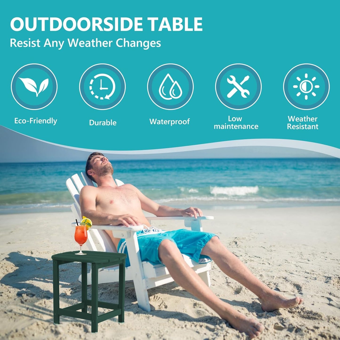 Hdpe Outdoor Adirondack Side Table, Wooden Textured, Set for Patio, Garden, Porch, Pool Composite Patio, Backyard, Bathroom and Indoor, Maintenance & Weather Resistant （Green）