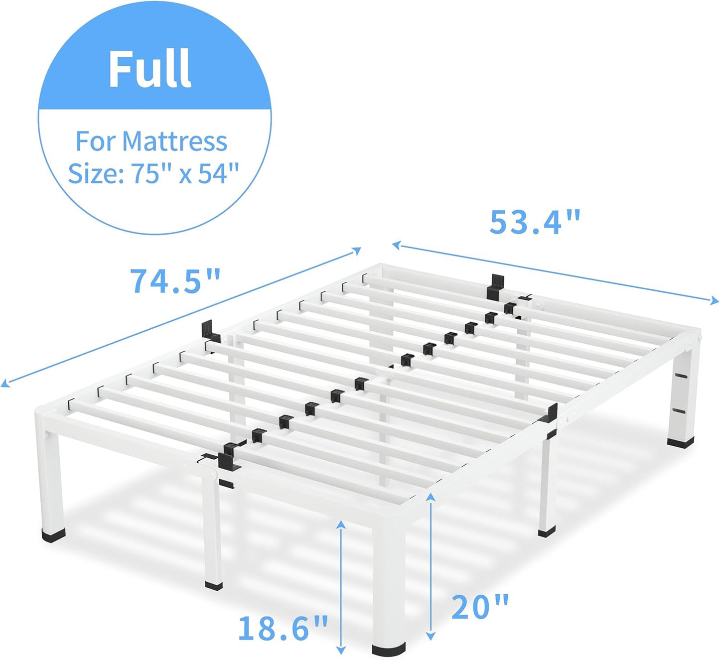 18 Inch Full Size White Bed Frame, 3500Lbs Heavy Duty Metal Platform with Round Corner Legs Mattress Slide Stopper, Steel Slat Support No Box Spring Needed, Noise Free, Non-Slip, Easy Assembly