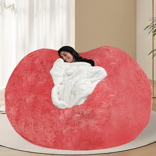 BCU 7FT Big Bean Bag for Adults Kids Without Filling Oversized Bean Bag Chair Cover for Stuffed Animal Storage, Rose Red