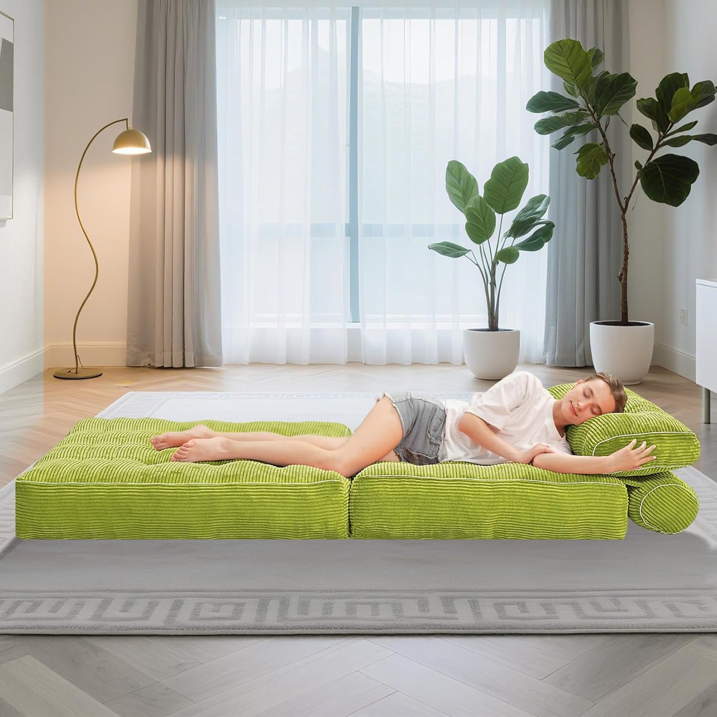 HABUTWAY Folding Sofa Bed, Convertible Sleeper Chair Bed w/Dual-Pillow & Handle, Foldable Floor Sofa Lounge w/Back Support for Living Room, Bedroom, Apartment, Office, Green