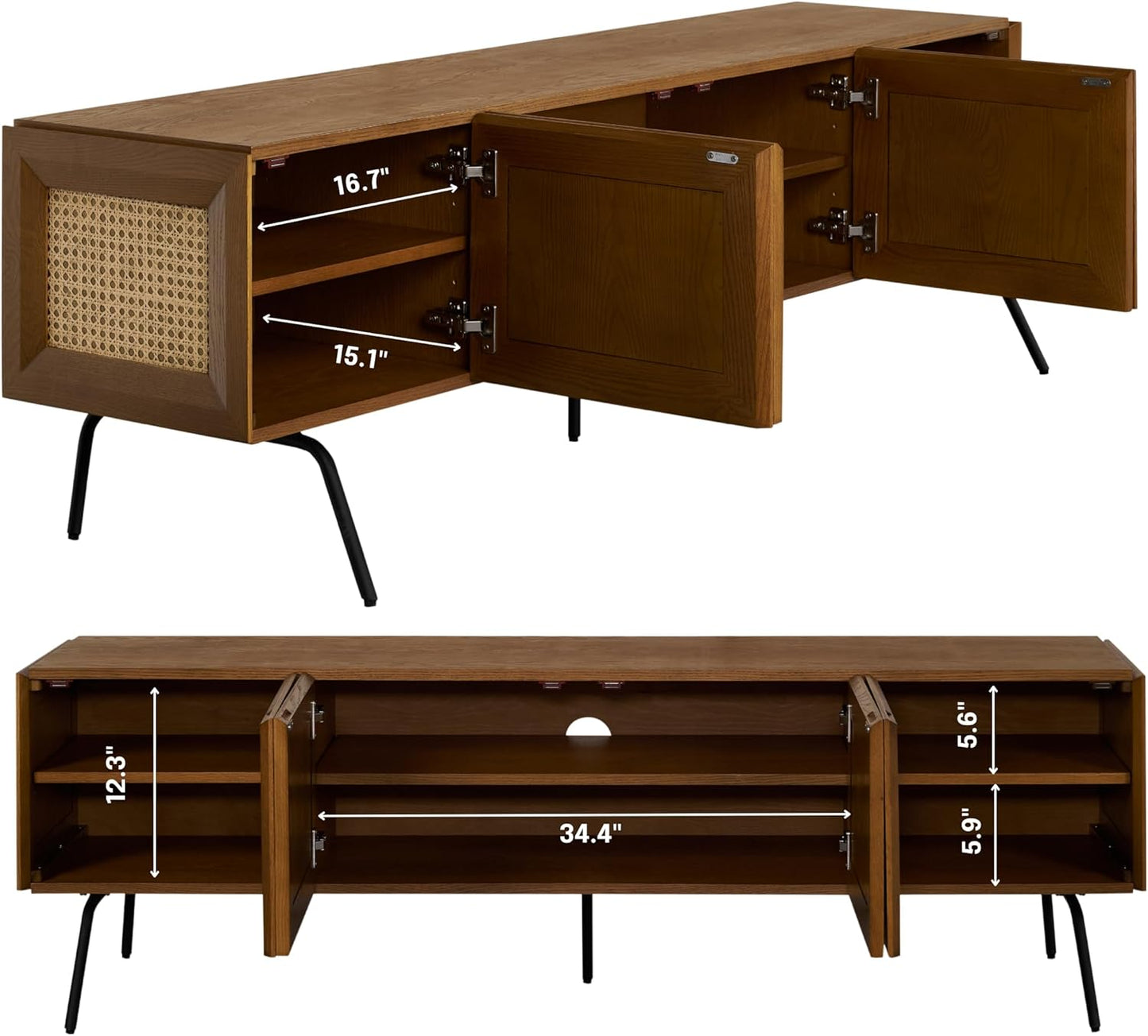 NTC Mossic TV Media Cabinet with 4 Doors for TVs, Entertainment Center with Natural Rattan, Metal Legs, Modern Storage Console for Living Room and Bedroom, Effortless Assembly, Rustic Oak