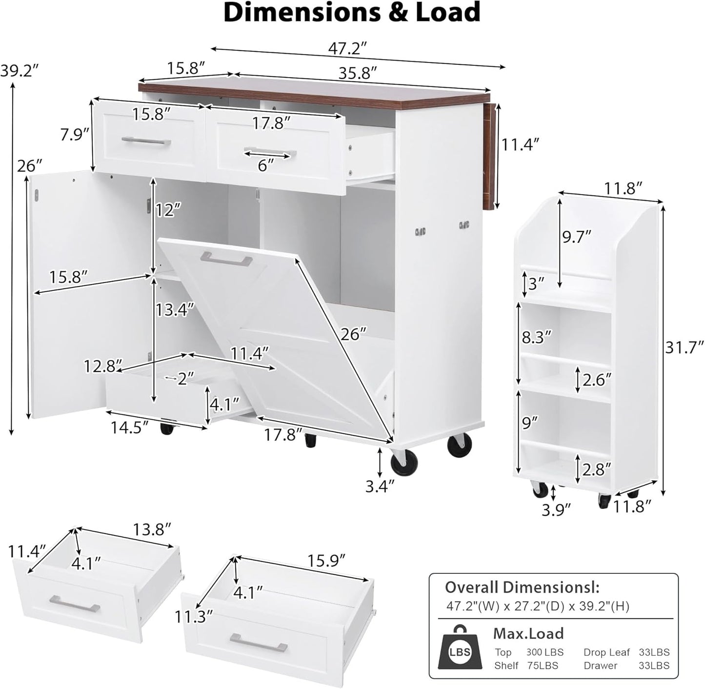 Ball & Cast Farmhouse Kitchen Island with Drop Leaf,Rolling Kitchen Cart on 5 Wheels W/Removable Side Racks and 2 Drawers,Kitchen Storage Cart W/Towel Rack,for Kitchen,Dining Room,White,47.2"