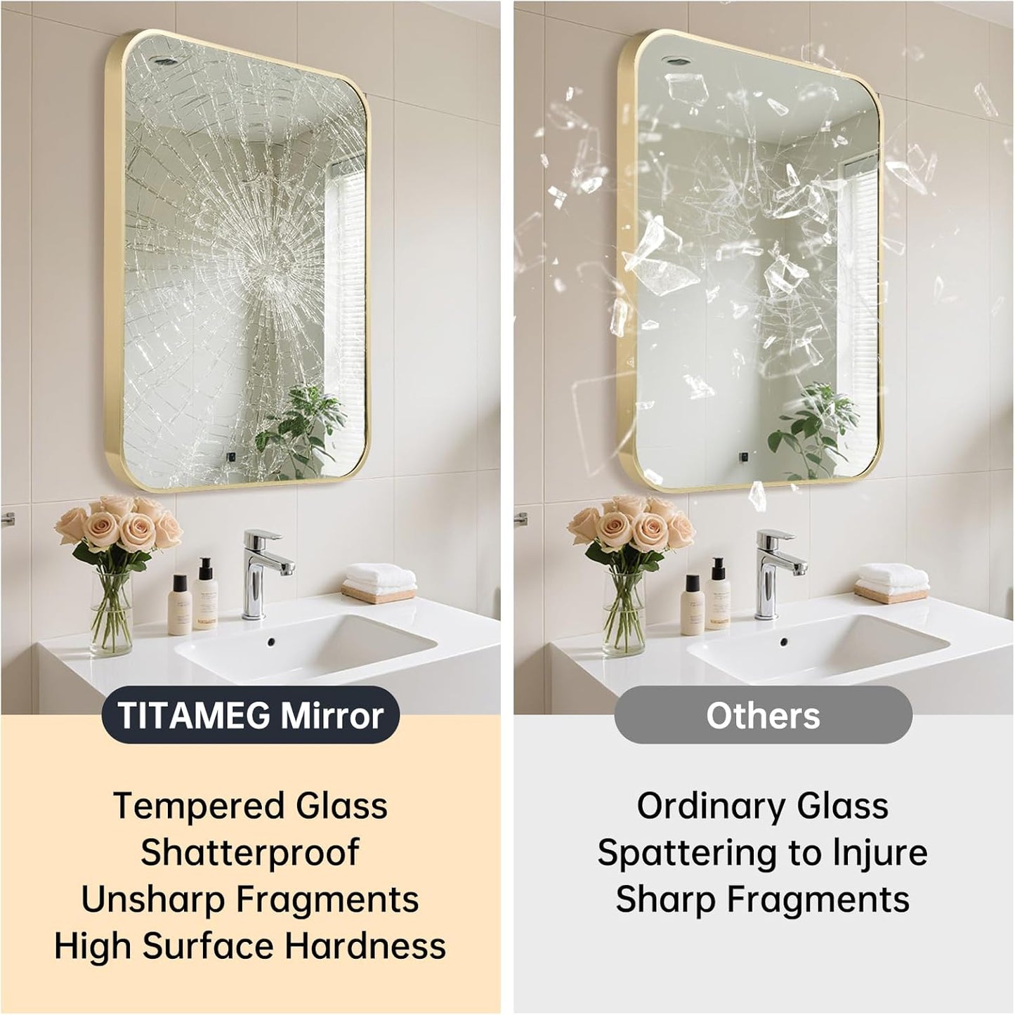 22x30 Inch Bathroom Mirror for Wall,Gold Framed Rectangle Mirror with Rounded Corner,Aluminum Alloy Framed Brushed Wall Mirror for Bedroom or Living Room,Vertical or Horizontal