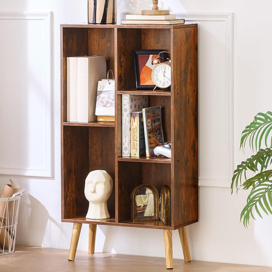 LEYAOYAO 5 Cube Small Bookshelf,3 Tier Mid-Century Bookcase with Legs,Wood Bookshelves Storage Organizer Shelf,Narrow Book Shelves,Brown Bookcases