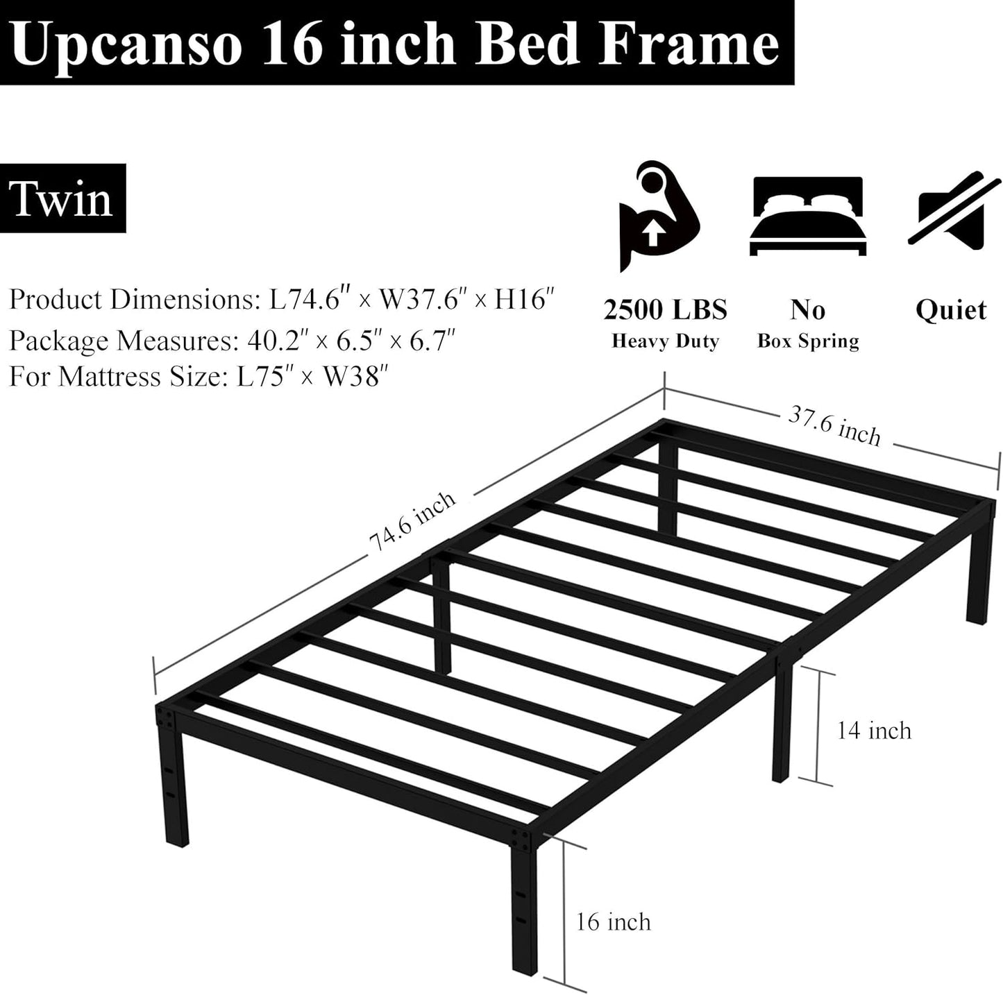 16 Inch Twin Bed Frames No Box Spring Need, Metal Platform Bed Frame Twin Size Heavy Duty Mattress Foundation with 14 Inch Storage, Eassy Assembly 2,500 lbs Steel Slats Support, Black