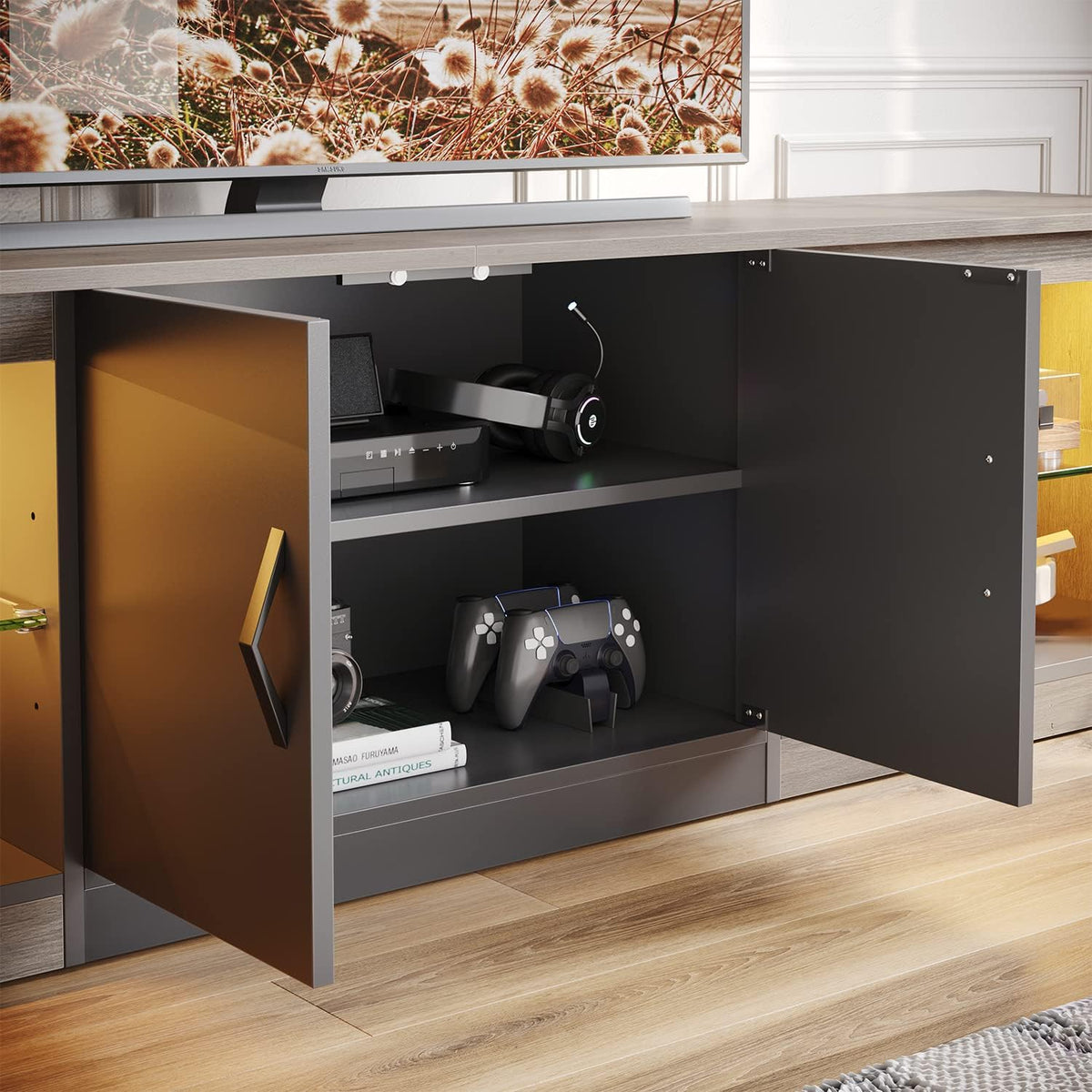 Bestier 70 Inch Led TV Stand for 75 Inch TV Large Entertainment Center Gaming with Adjustable Glass Shelves Two Cabinets Modern TV Console for Living Room 22 RGB Modes, Wash Gray