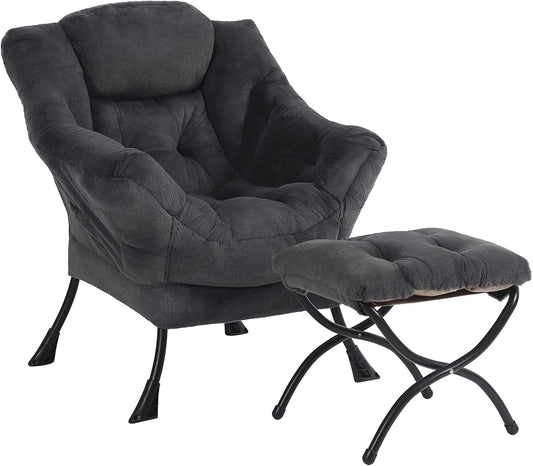 Plush Lazy Chair and Ottoman, Large Contemporary Accent Lounge Chair with Armrests and a Side Pocket, Modern Leisure Upholstered Sofa Reading Armchair with Footrest for Bedroom, Living Room