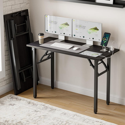 Frylr Small Folding Computer Desk – 43.3 Inch Portable Table for Craft and Study, Lightweight Desk for Small Spaces, Foldable Laptop Table Built-in AC/USB Outlets for Convenience, Charcoal Wenge