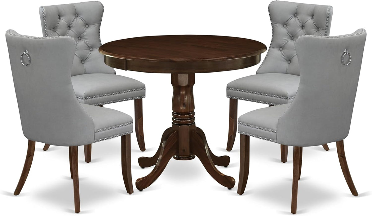 East West Furniture ANDA5-AWA-27 5 Piece Kitchen Table & Chairs Set Includes a Round Dining Table with Pedestal and 4 Polyester Fabric Upholstered Chairs, 36x36 Inch, Antique Walnut