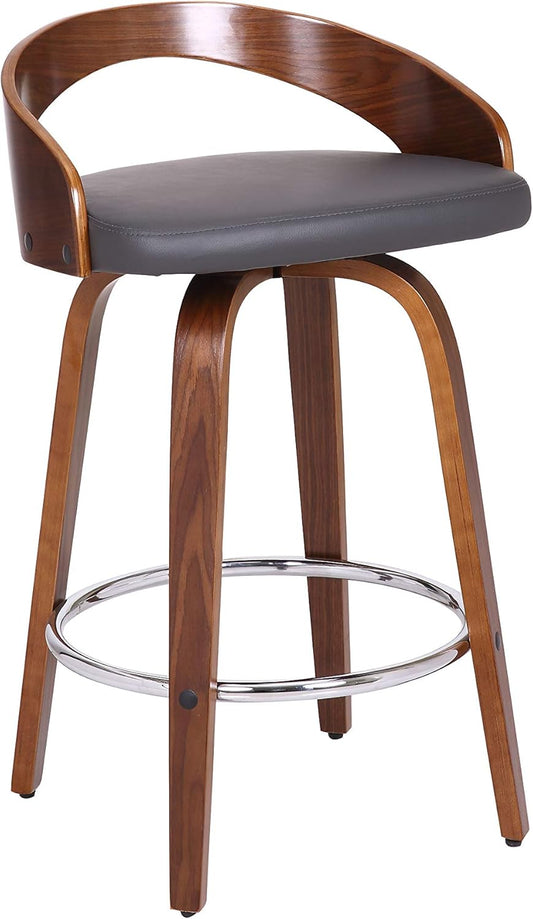 Armen Living Sonia 26" Counter Height Swivel Gray Faux Leather and Walnut Wood Bar Stool - Set of 3