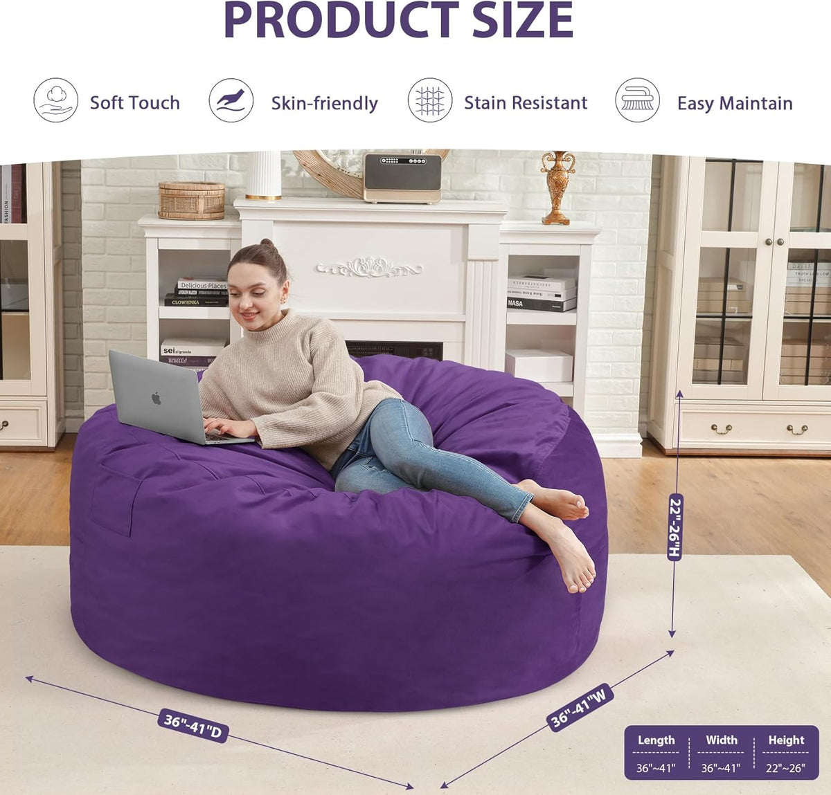 3FT Bean Bag Chair, Comfy Bean Bag Chairs with Memory Foam Filled, Fluffy Beanbag Sofa with Dutch Velvet Cover, Round BeanBag Chairs for Living Room, Playroom - Purple
