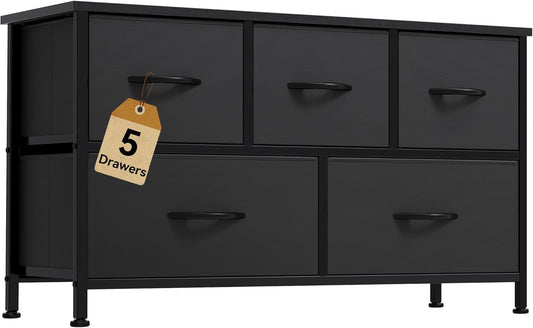 DWVO Dresser with 5 Drawers - Fabric Storage Tower, Organizer Unit for Bedroom, Living Room, Closets - Sturdy Steel Frame, Wooden Top (Black)