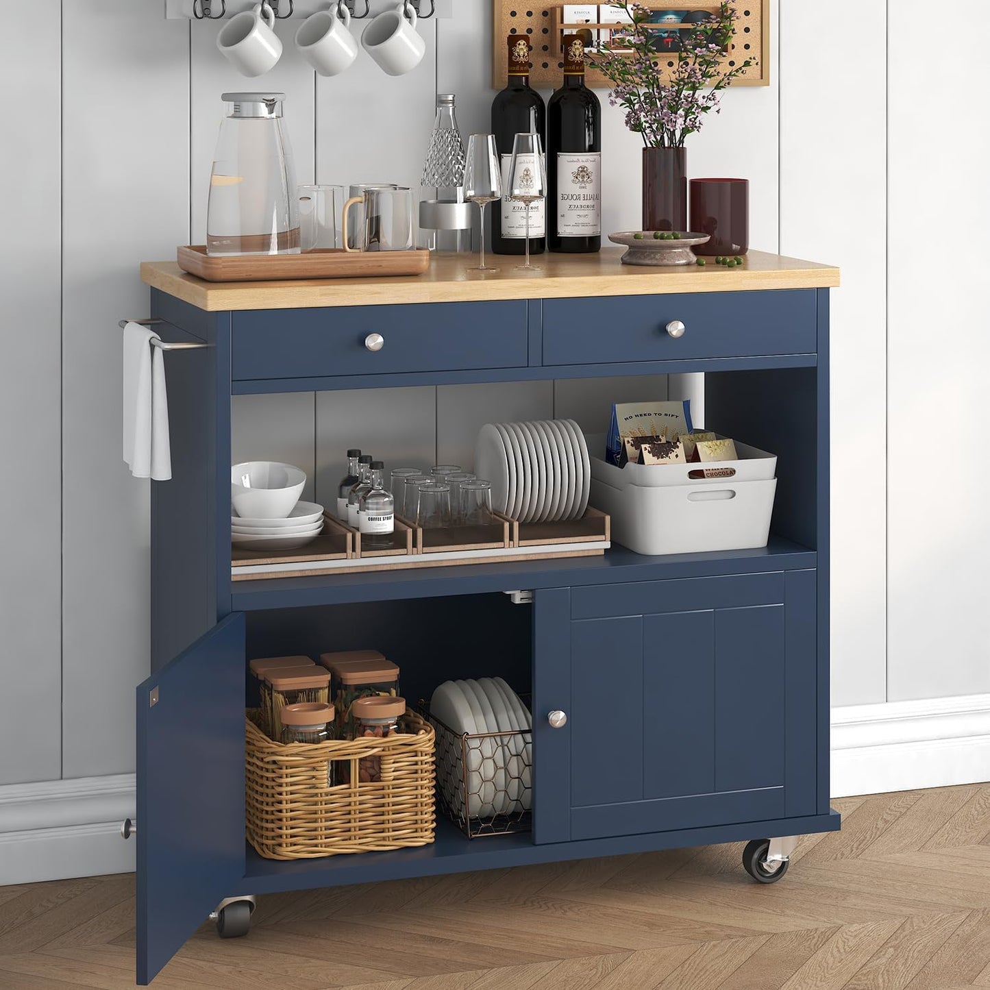 Rolling Kitchen Island with Storage Cabinet, 35.4'' Width Kitchen Cart, 2 Drawers Island Table, Portable Mobile Kitchen Island with Towel Rack, Wood Top and Lockable Wheels, Blue