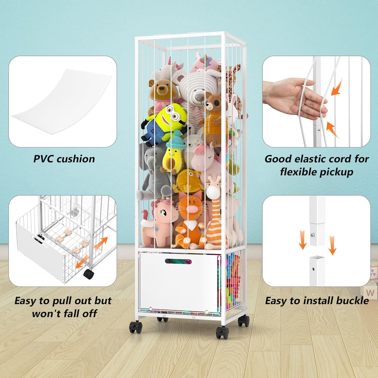 Bukfen Metal Stuffed Animal Storage Zoo Extra Large Stuffed Animal Holder Space Save Toy Organizer PVC with Basket and Wheels for Nursery Playroom Bedroom,D15.75 x W12.68 x H51.18 inch,White