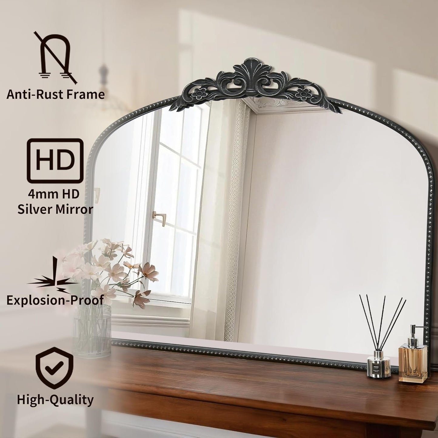 Micasso Black Large Vintage Mirror, 40"x 30" French Baroque Antique Arched Wall Mounted Mirror Decorative Ornate Entryway Mirror for Wall Decor, Living Room, Hallway