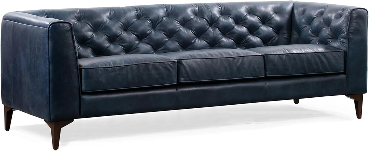 Poly & Bark Essex Leather Couch - 89-Inch Sofa with Tufted Back - Full-Grain Leather Sofa for Living Room with Feather-Down Topper - Living Room Couch - Vintage Italian Leather in Midnight Blue