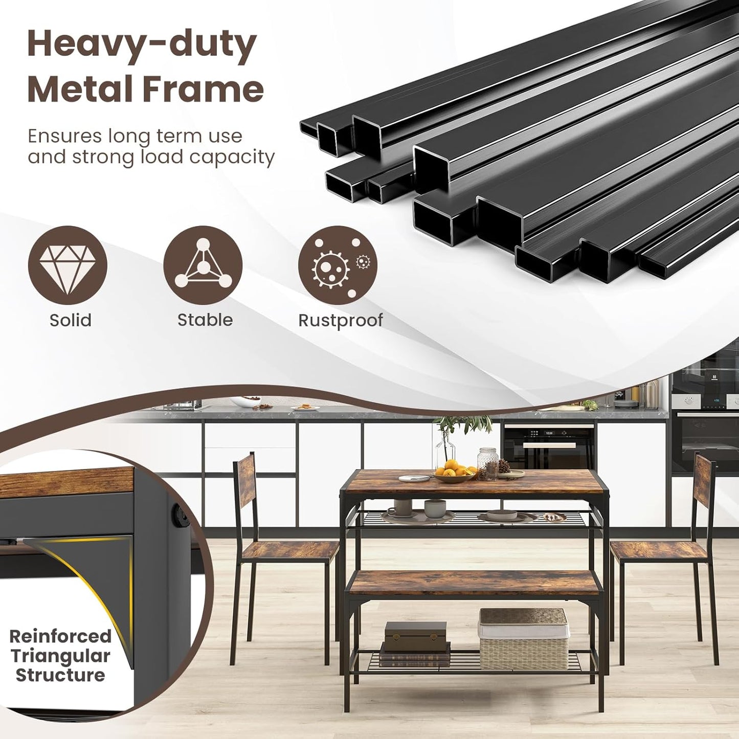 Giantex Dining Table Set for 4, Kitchen Table with Chairs & Bench, Storage Racks, Metal Frame, 4-Piece Space-Saving Dinette Set for Dining Room, Breakfast Nook, Small Space, Apartment,Rustic Brown