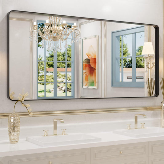 WEER Black Metal Framed Mirror, 60X28 Inch Rectangular Matte Black Wall Mirror for Bathroom, Rounded Corner Black Bathroom Vanity Mirror, Tempered Glass, Anti-Rust, Hangs Horizontal or Vertical