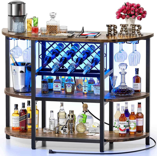 Zarler Bar Cart with Power Outlet Easy to Assemble, LED Home Bar Cabinet for Liquor, 47.3" L x 15.8" D x 36" H Metal Mini Bar Table with 4-Tier Storage, Brown