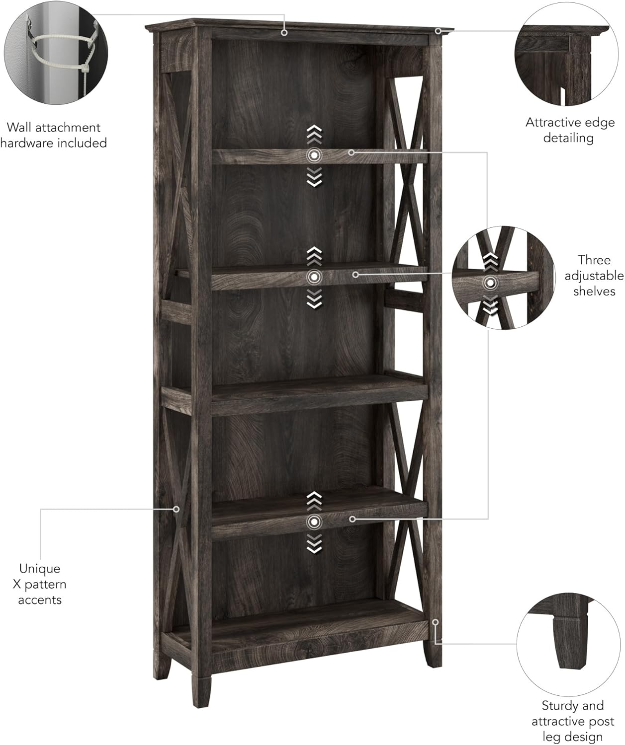 Bush Furniture Tall 5 Shelf Bookcase for Living Room or Home Office, Large Bookshelf, Modern Farmhouse Style, Key West Collection, Dark Gray Hickory