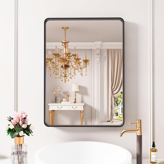 Black Bathroom Mirror 22X30 Inch, Black Metal Framed Mirror for Wall, Rounded Rectangle Matte Bathroom Vanity Mirror with Tempered Glass, Anti-Rust, Horizontal/Vertical
