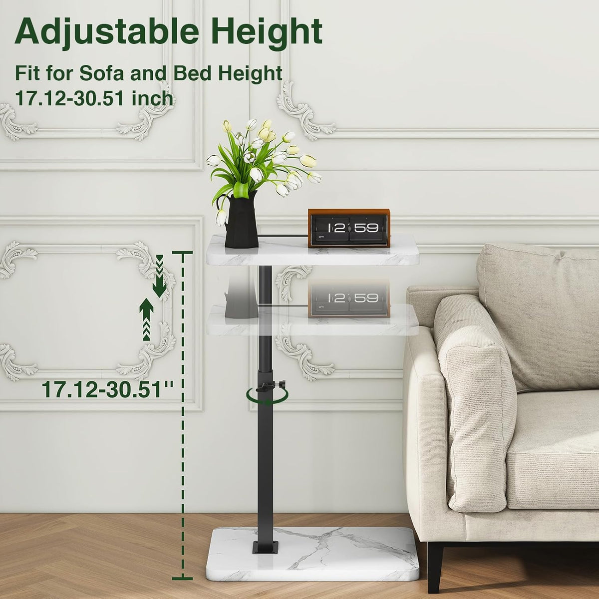 IBUYKE Tray Table for Couch, 360° Swivel Height Adjustable End Table for Small Spaces, with Phone & Tablet Slot, Modern Small Coffee Snack Table for Sofa/Bed, White with Black UTVT003BW