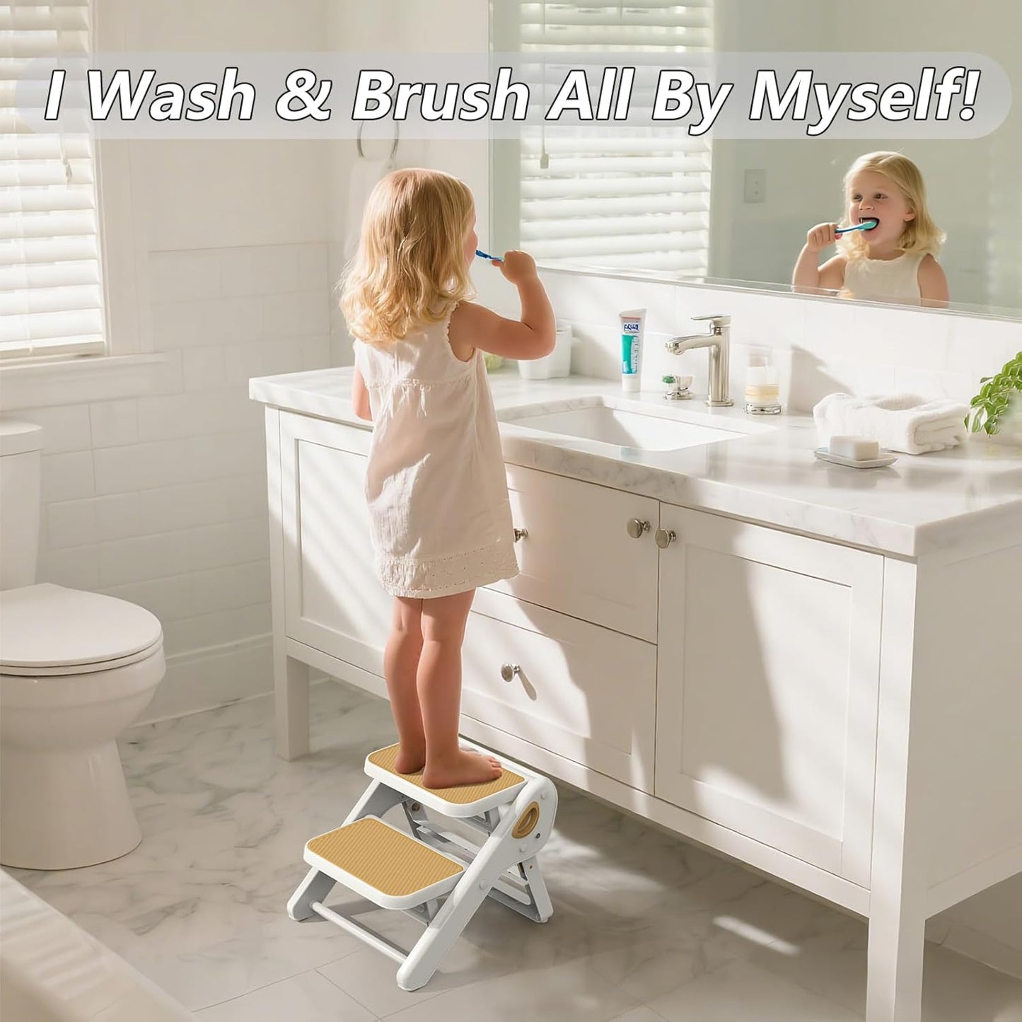 Toddler Step Stool, iNeibo 2-Step Foldable Step Stool for Kids, Widened & Thickened with Anti-Slip Design, Safer for Children Use for Kitchen, Bathroom, Toilet Training - Khaki