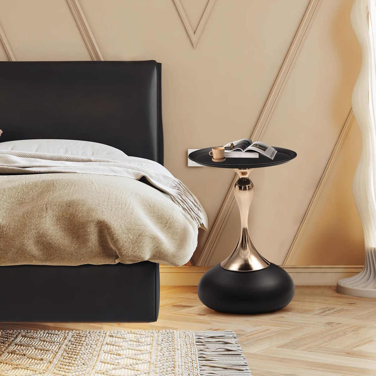 Small Black Round Side Table Pedestal for Small Spaces, Metal Unique End Table for Living Room, Modern Corner Accent Tables Drink Martini Tables